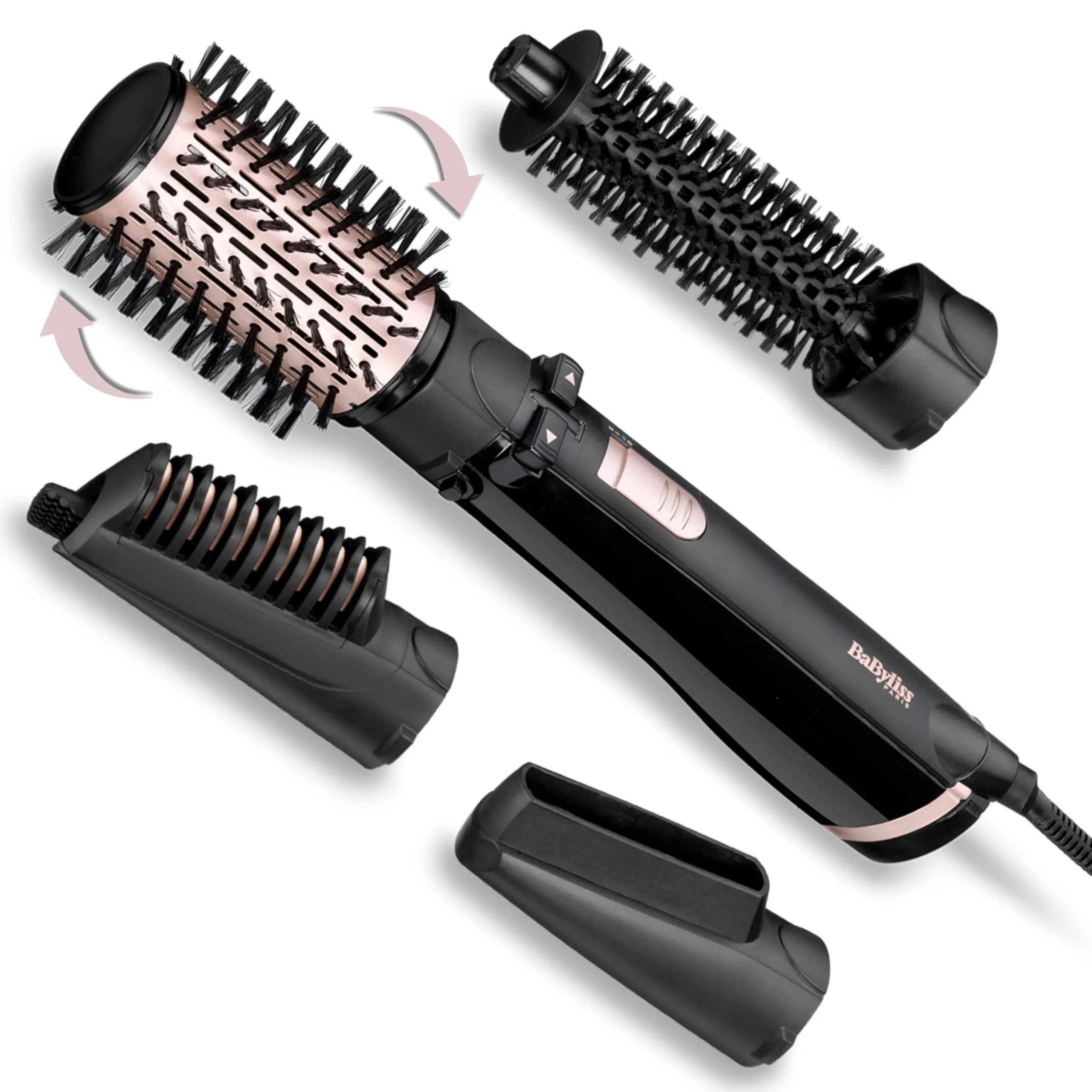 BaByliss AS200E Brush & Style Rotating Hot-Air Brush, 1000W, 4 Interchangeable Attachments, Ionic Frizz Control, 2-Way Rotation, Black/Pink