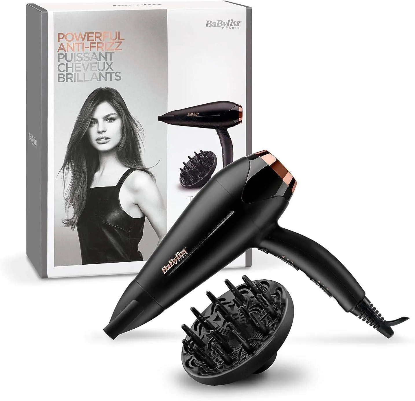 BaByliss DC Motor Hair Dryer, 2200W 3 Heat & 2 Speed Settings With Cool Shot Button, Ionic Technology For Frizz Free Hair, Comfortable Lightweight Black Design With Diffuser, D5709DSDE (Black)