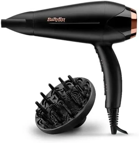 BaByliss DC Motor Hair Dryer, 2200W 3 Heat & 2 Speed Settings With Cool Shot Button, Ionic Technology For Frizz Free Hair, Comfortable Lightweight Black Design With Diffuser, D5709DSDE (Black)