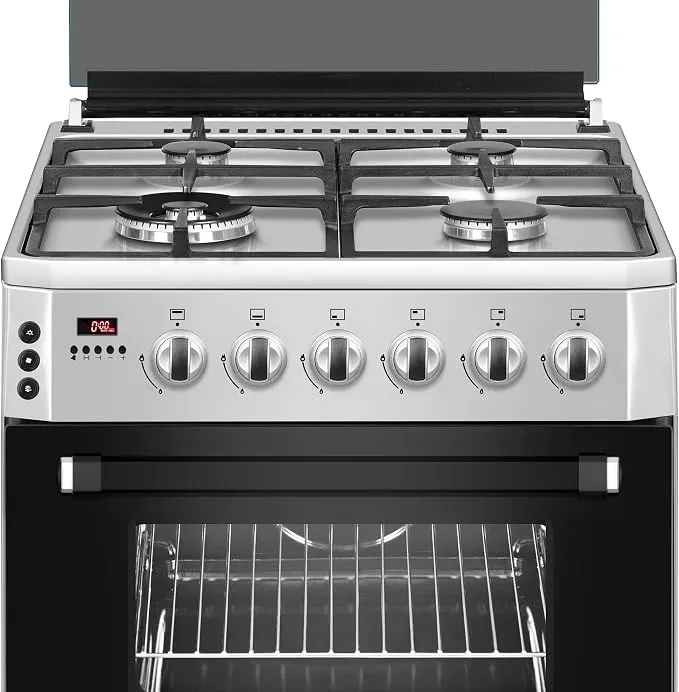 Baeckerhaft 60cm Gas Cooker with Gas Oven & Grill, 4 Burners, Stainless Steel Body, Auto Ignition, Cast Iron Pan Support, Mechanical Timer, Silver – GFG65TSCSS