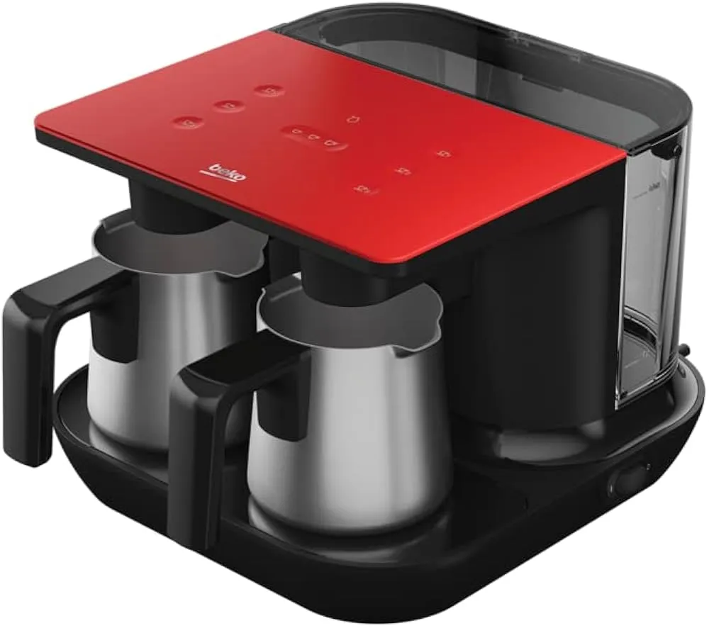 Beko TKM8961K Turkish Coffee Machine, 1100W, Double Coffee Pots, 3D Induction Cooking, CookSense, SpinJet and Anti-Spill Technology, 6-Cup Capacity, 1.5L Water Tank, Red/Black