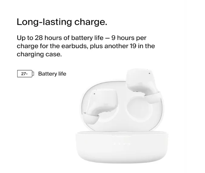 Belkin SoundForm Bolt True Wireless Earbuds, Wireless earphones with up to 28H of battery life and Mono Mode, IPX4 sweat and water resistance, Bluetooth headphones with mic for iPhone, Galaxy and more