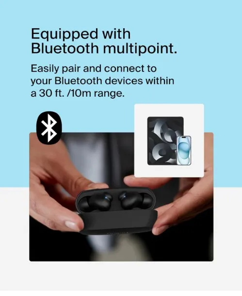 Belkin SoundForm Rhythm True Wireless Earbuds with Built-in Microphone, USB-C Fast Charging, 28H Battery Life, IPX5 Water Resistance - Bluetooth Earbuds for iPhone, iPad, Galaxy, Pixel & More - Black 4