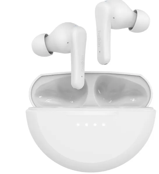 Belkin SoundForm Rhythm True Wireless Earbuds with Built-in Microphone, USB-C Fast Charging, 28H Battery Life, IPX5 Water Resistance - Bluetooth Earbuds for iPhone, iPad, Galaxy, Pixel & More - White