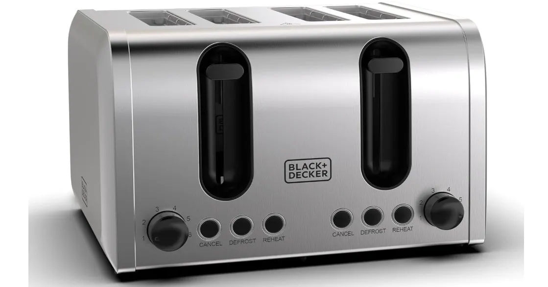 BLACK+DECKER 4-Slice Toaster, 2100W Double-Sided Heating, 6 Browning Levels, Defrost, Reheat, Cancel Functions, Extra-Wide Slots, Dual Browning Control, Removable Crumb Tray, Silver - ET444-B5