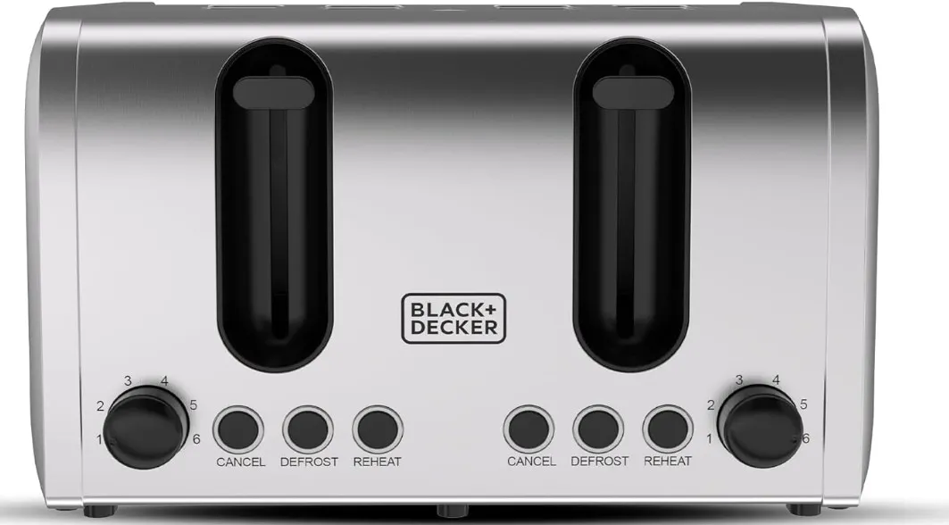 BLACK+DECKER 4-Slice Toaster, 2100W Double-Sided Heating, 6 Browning Levels, Defrost, Reheat, Cancel Functions, Extra-Wide Slots, Dual Browning Control, Removable Crumb Tray, Silver - ET444-B5