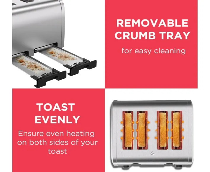 BLACK+DECKER 4-Slice Toaster, 2100W Double-Sided Heating, 6 Browning Levels, Defrost, Reheat, Cancel Functions, Extra-Wide Slots, Dual Browning Control, Removable Crumb Tray, Silver - ET444-B5 4