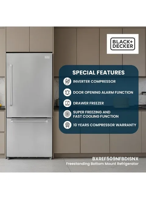 BLACK+DECKER 509L Gross / 499L Net Freestanding Bottom Freezer Refrigerator BXREF509NFBDISNX (Inox)