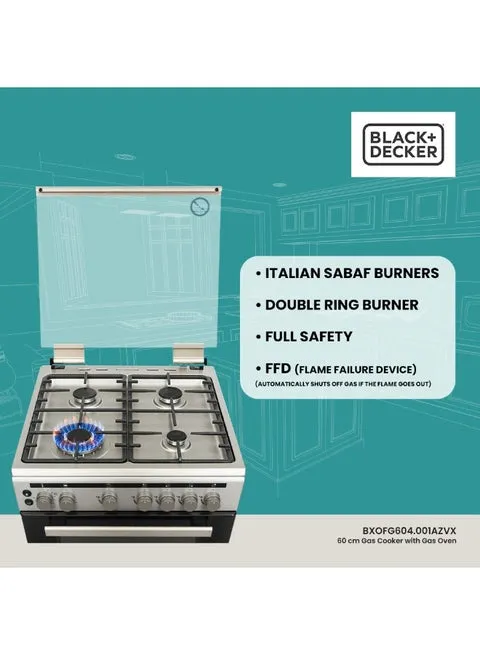 BLACK+DECKER 60 cm Freestanding Gas Cooker with Gas Oven & Grill BXOFG604.001AZVX (Stainless Steel)
