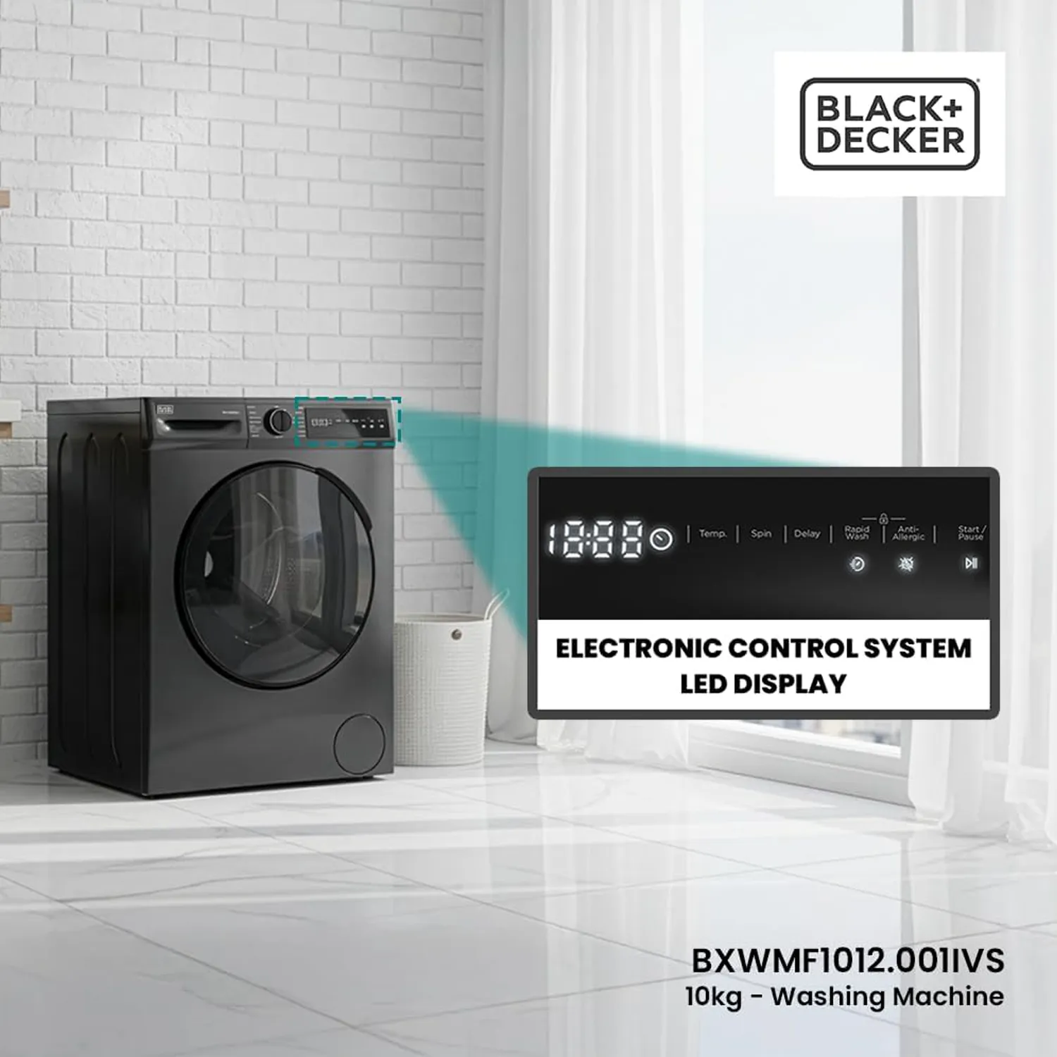 Black + Decker10KG Front Load Washing Machine, 1400 RPM, BLDC Motor, Touch Panel 10 kg 2400 W BXWMF1012.001IVS Dark Grey 3