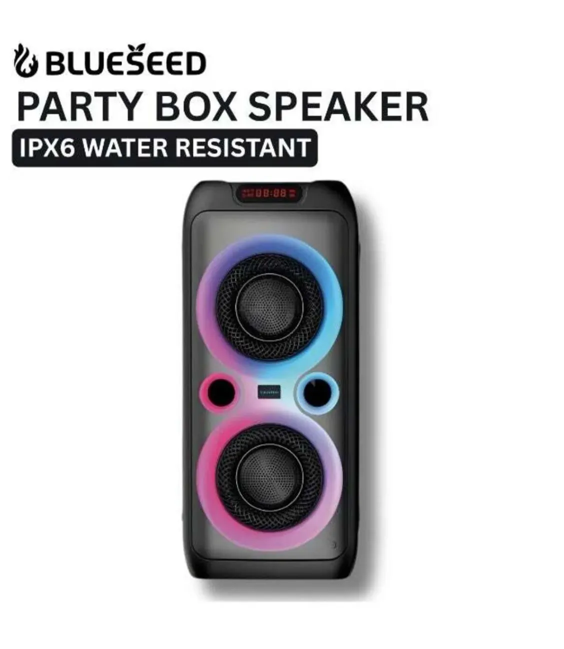 BLUESEED BS103-BK Portable Bluetooth Party Speaker with Dual 8-Inch Woofers, Wireless Microphone, RGB LED Lights, FM Radio and Multiple Playback Options – Black