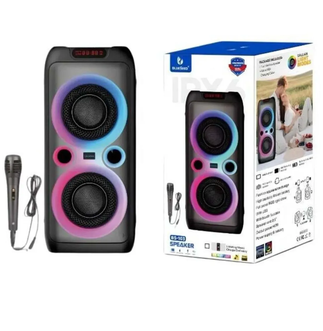 BLUESEED BS103-BK Portable Bluetooth Party Speaker with Dual 8-Inch Woofers, Wireless Microphone, RGB LED Lights, FM Radio and Multiple Playback Options – Black