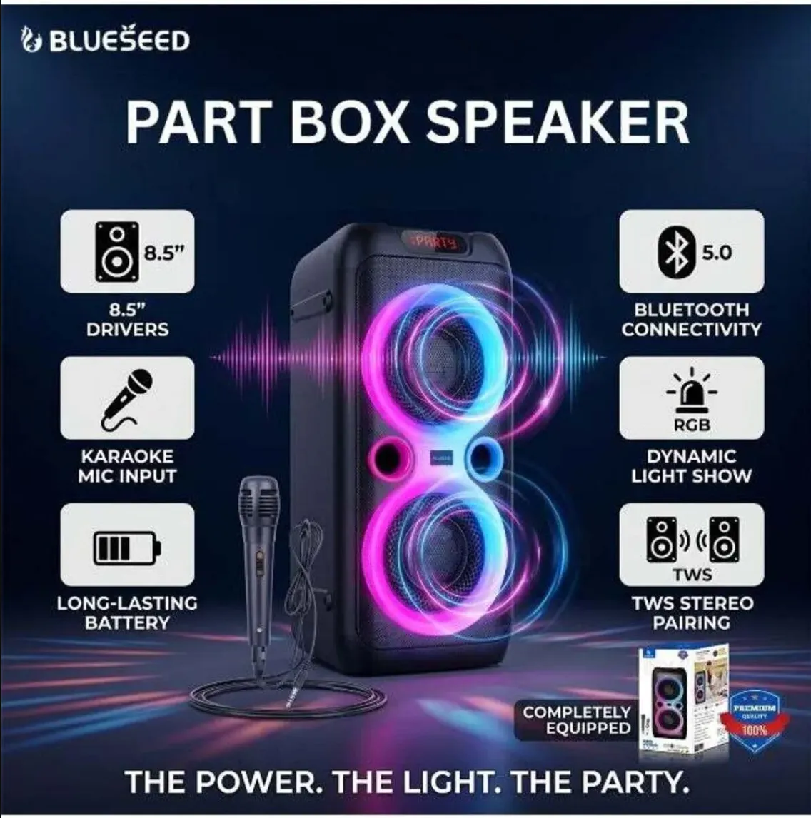BLUESEED BS103-BK Portable Bluetooth Party Speaker with Dual 8-Inch Woofers, Wireless Microphone, RGB LED Lights, FM Radio and Multiple Playback Options – Black 3