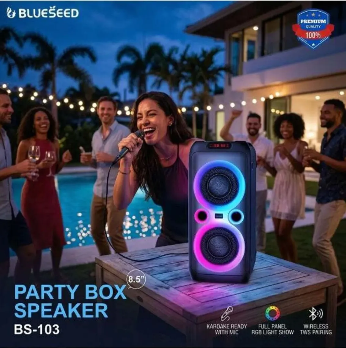 BLUESEED BS103-BK Portable Bluetooth Party Speaker with Dual 8-Inch Woofers, Wireless Microphone, RGB LED Lights, FM Radio and Multiple Playback Options – Black 4