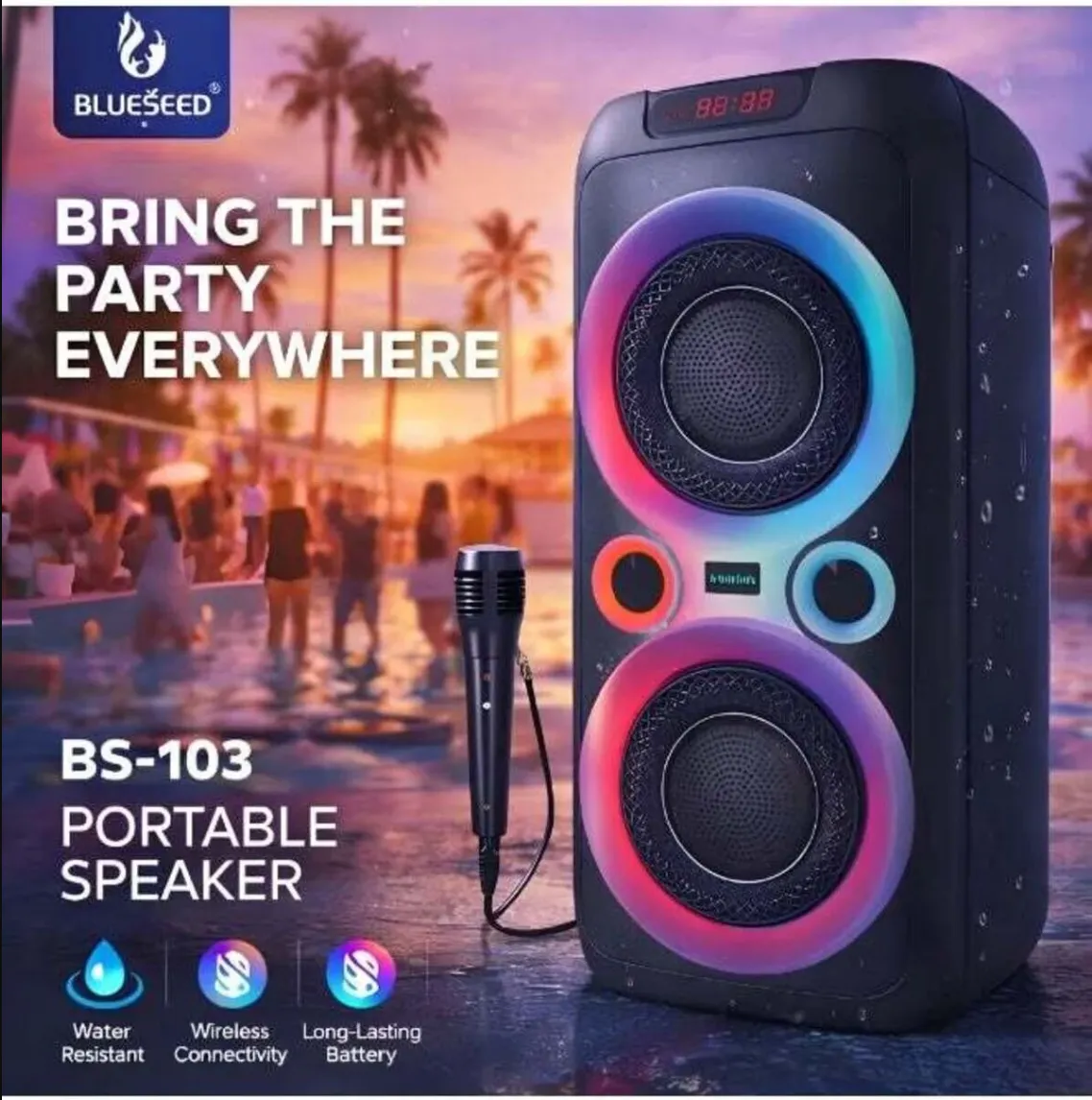 BLUESEED BS103-BK Portable Bluetooth Party Speaker with Dual 8-Inch Woofers, Wireless Microphone, RGB LED Lights, FM Radio and Multiple Playback Options – Black 5