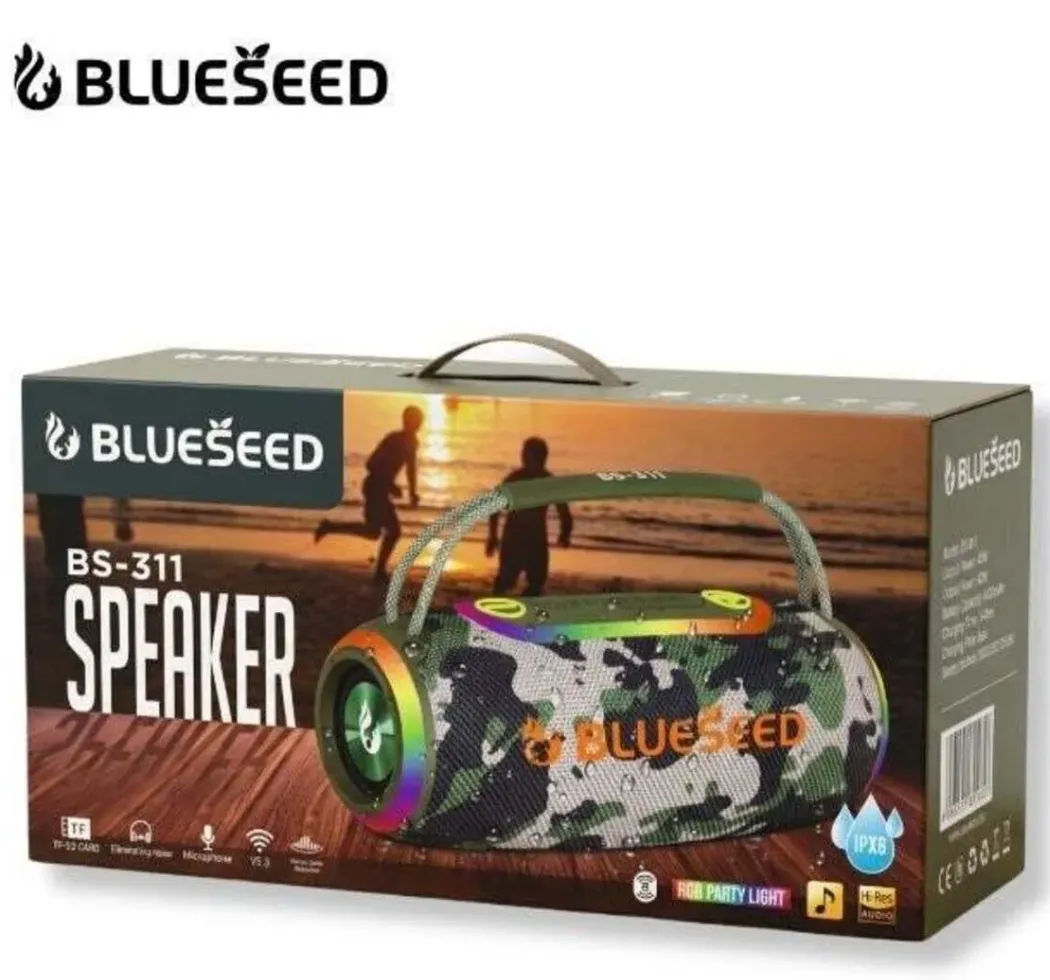BLUESEED BS311-BL Portable Bluetooth Speaker with IPX6 Water Resistance, RGB LED Lights, Up to 12-Hour Battery Life and 10m Wireless Range – Blue