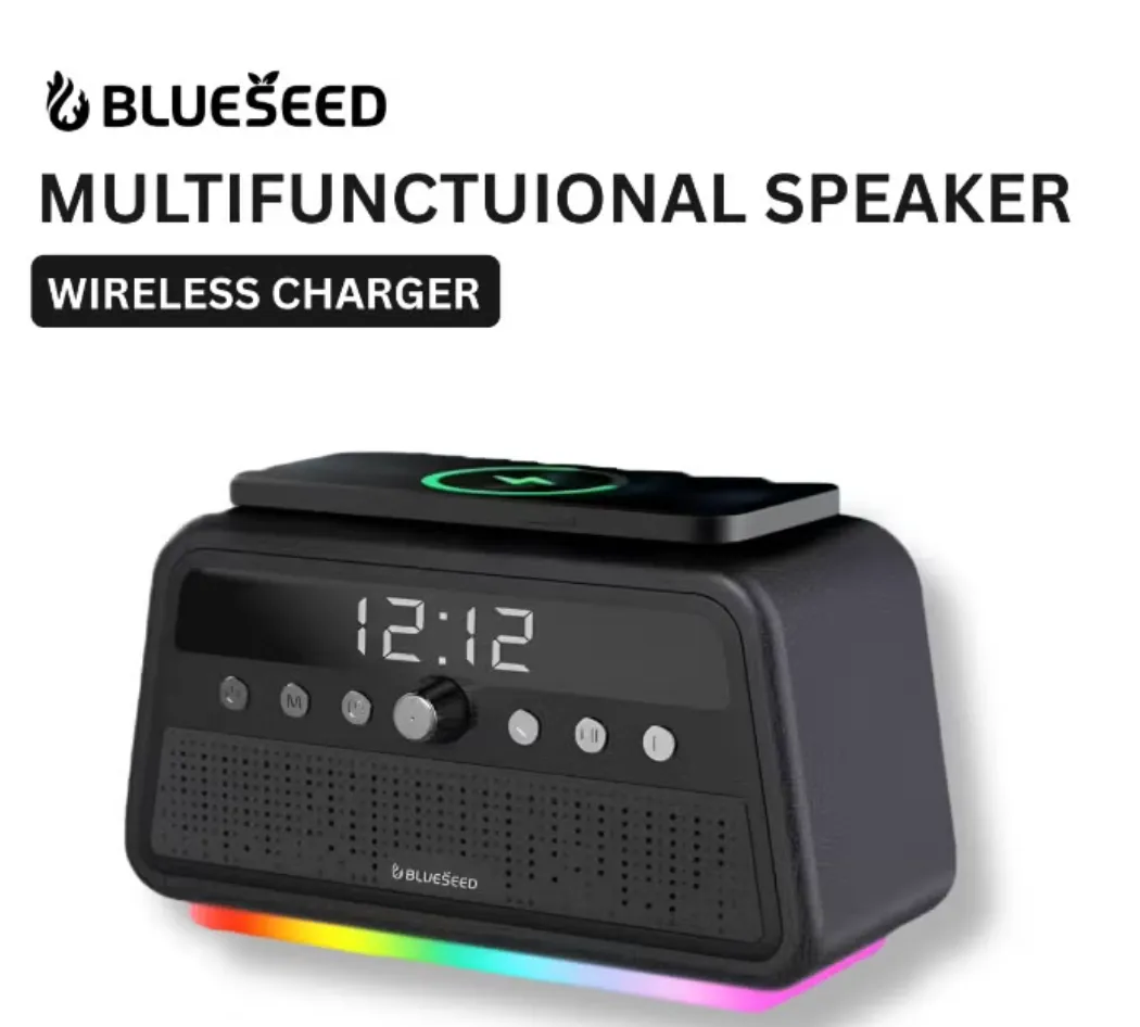 BLUESEED BS402-BK 60W Multifunctional Bluetooth Speaker with Wireless Charging, LED Clock Display, USB/TF Playback and Wooden Cabinet – Black
