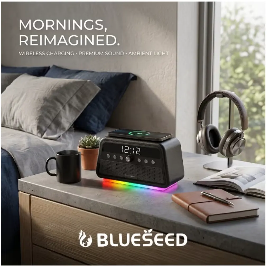 BLUESEED BS402-GY 60W Multifunctional Bluetooth Speaker with Wireless Charging, LED Clock Display, 4 Sound Modes, USB/TF/AUX Playback and Wooden Cabinet – Grey 2