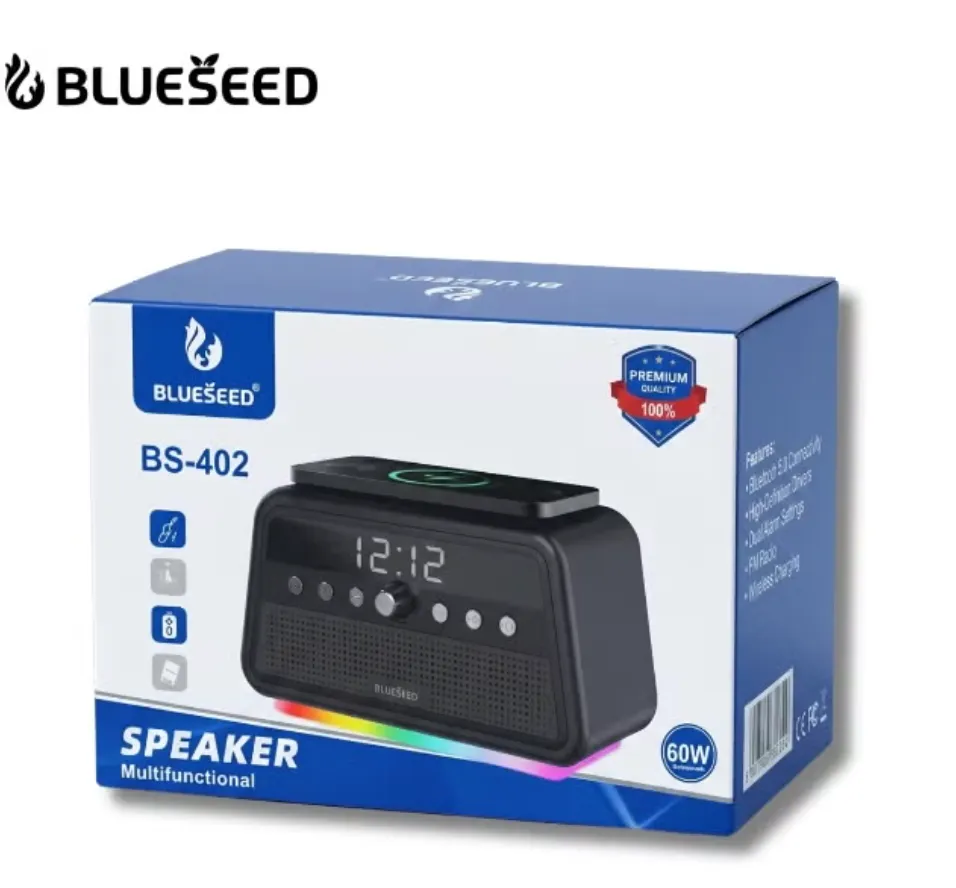 BLUESEED BS402-GY 60W Multifunctional Bluetooth Speaker with Wireless Charging, LED Clock Display, 4 Sound Modes, USB/TF/AUX Playback and Wooden Cabinet – Grey 3