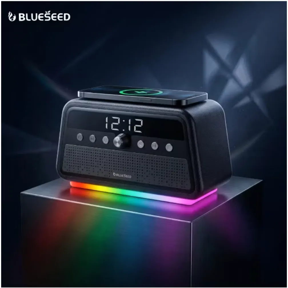 BLUESEED BS402-BK 60W Multifunctional Bluetooth Speaker with Wireless Charging, LED Clock Display, USB/TF Playback and Wooden Cabinet – Black 4