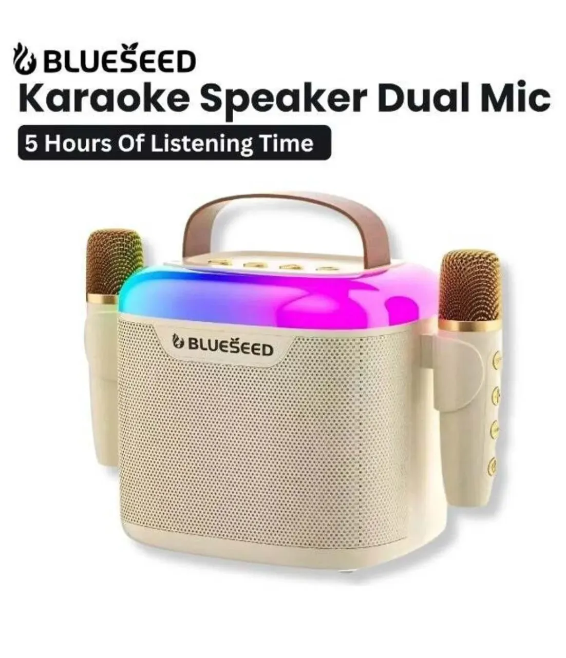 BLUESEED BS601-WH Portable Karaoke Bluetooth Speaker with Dual Wireless Microphones, 20W Audio, RGB Lighting and Multiple Playback Modes – White
