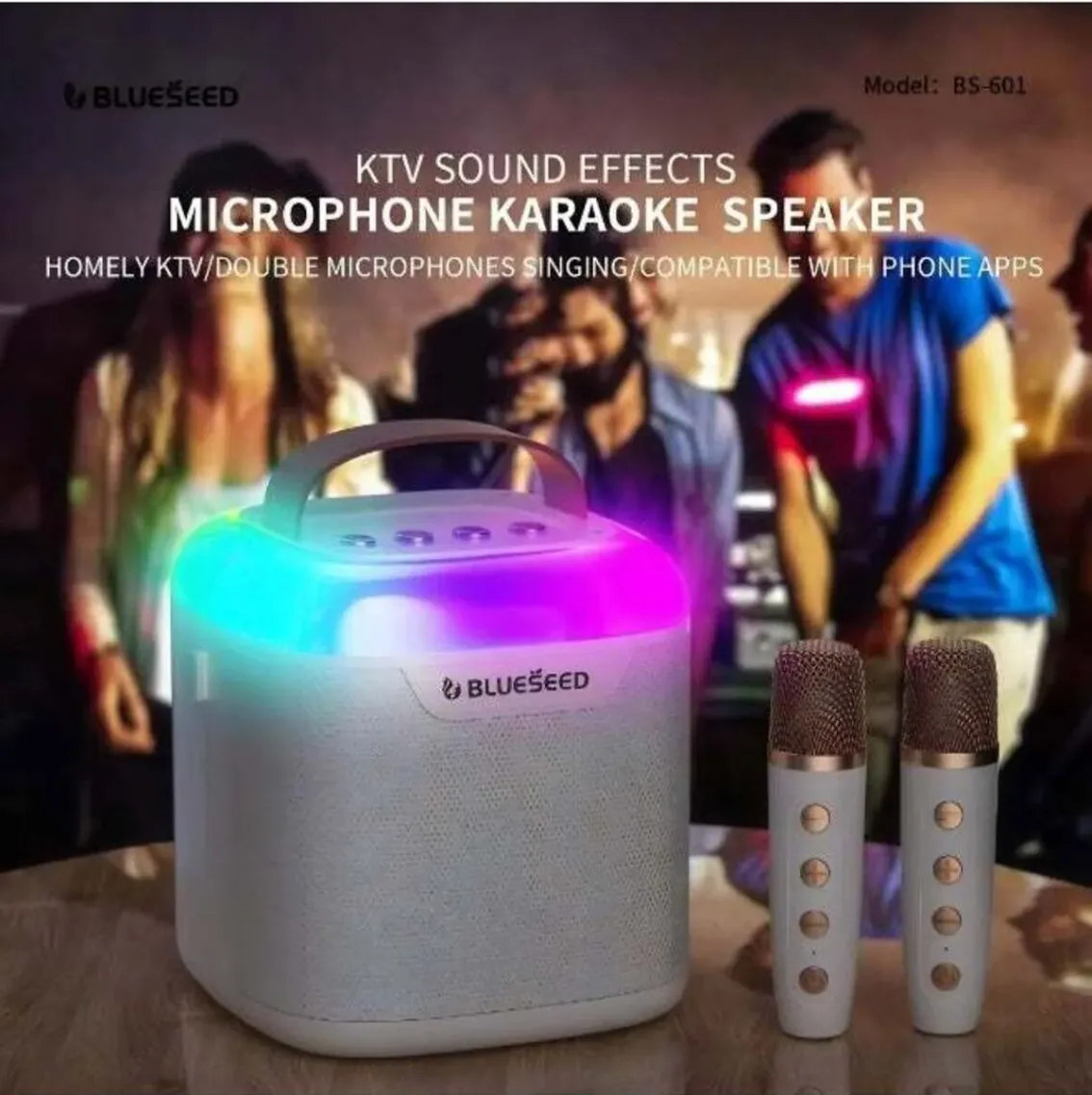 BLUESEED BS601-WH Portable Karaoke Bluetooth Speaker with Dual Wireless Microphones, 20W Audio, RGB Lighting and Multiple Playback Modes – White