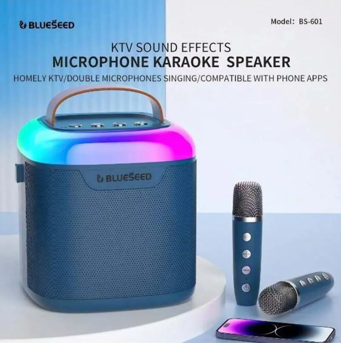 BLUESEED BS601-WH Portable Karaoke Bluetooth Speaker with Dual Wireless Microphones, 20W Audio, RGB Lighting and Multiple Playback Modes – White 3