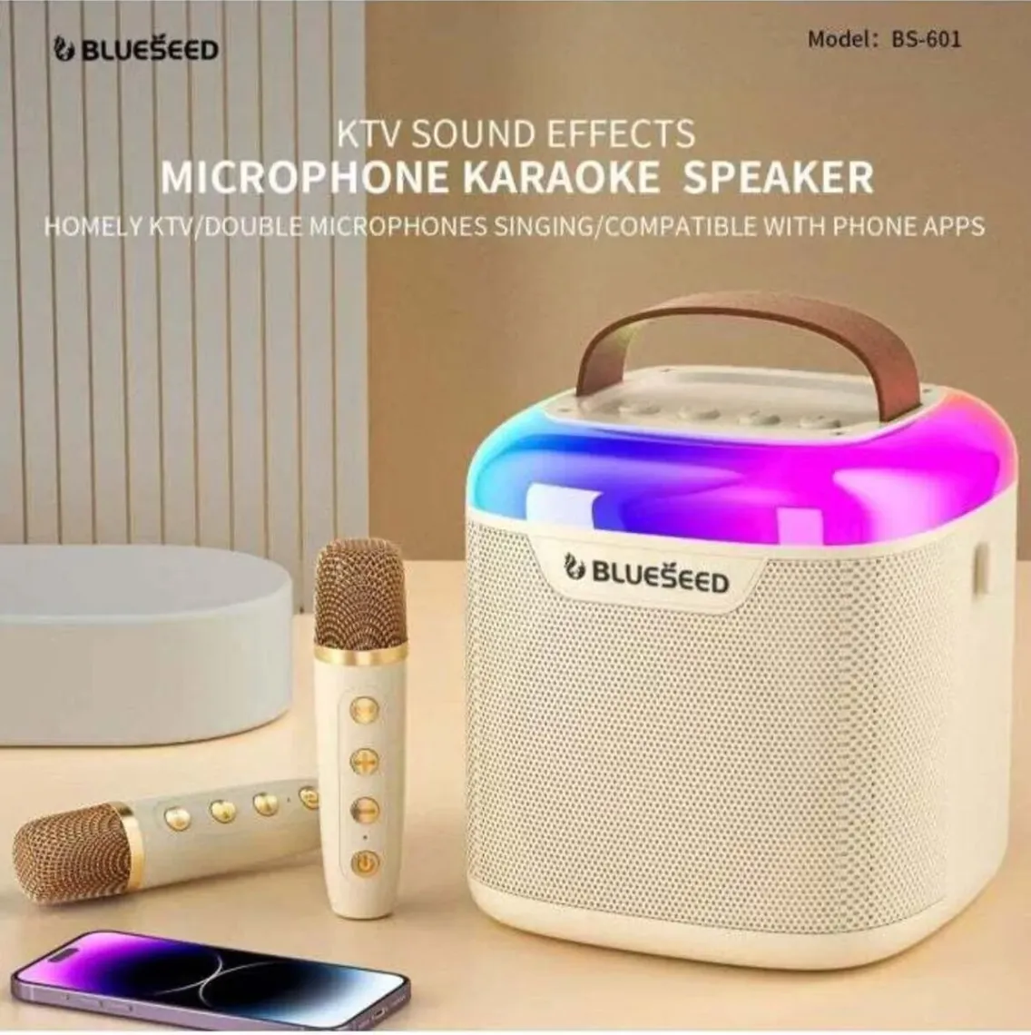BLUESEED BS601-WH Portable Karaoke Bluetooth Speaker with Dual Wireless Microphones, 20W Audio, RGB Lighting and Multiple Playback Modes – White 4