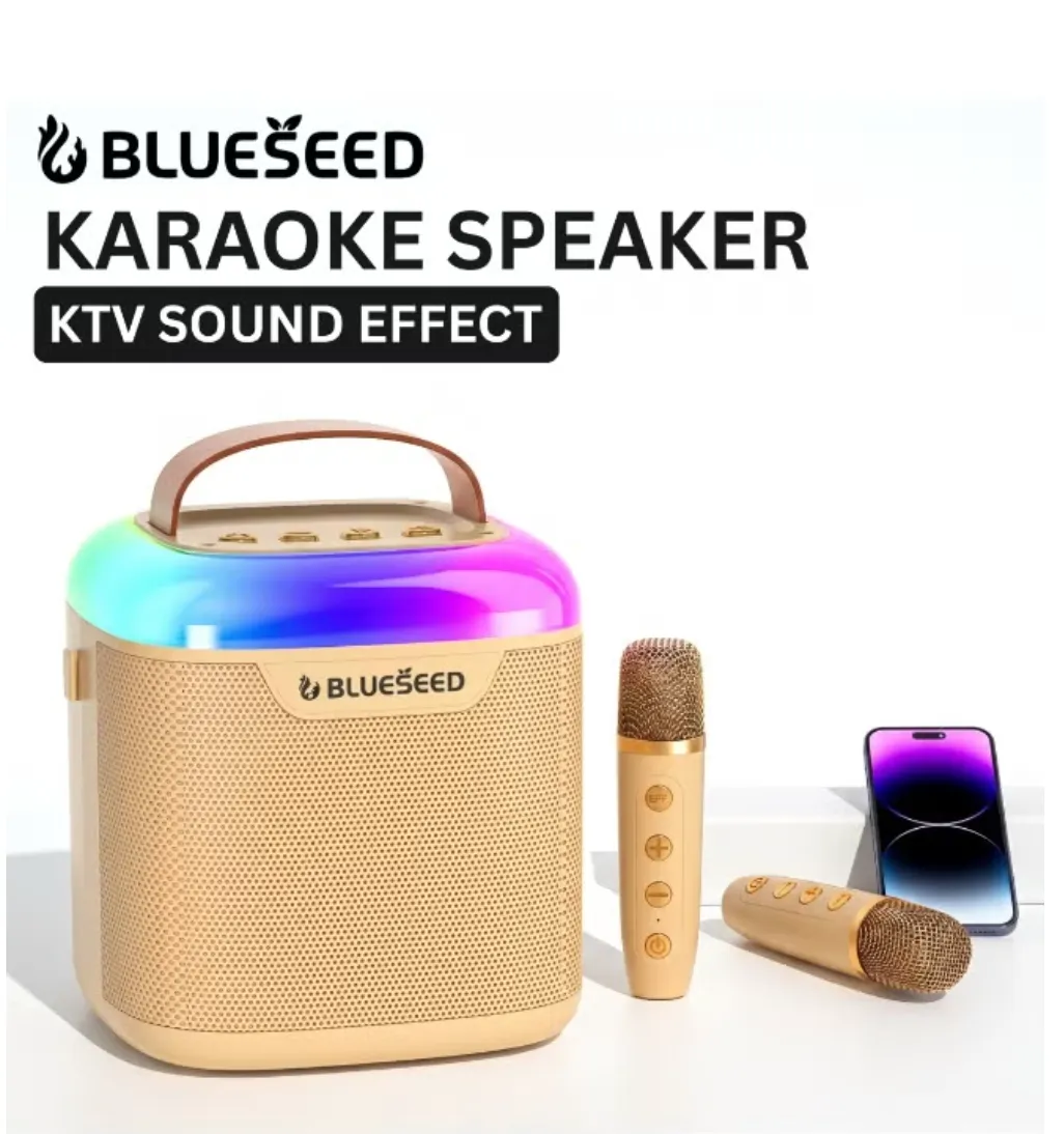 BLUESEED BS601-YL Portable Karaoke Bluetooth Speaker with Dual Wireless Microphones, RGB Lighting and Multiple Playback Options – Yellow