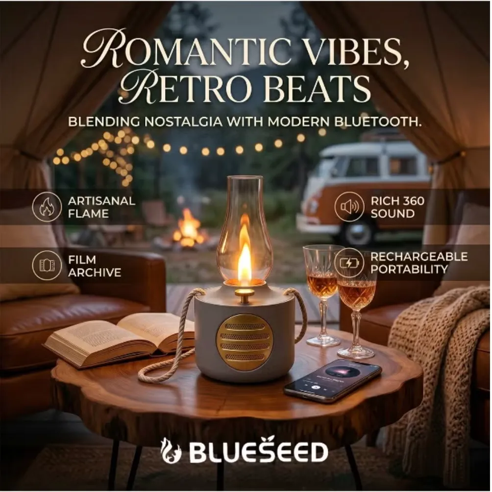 BLUESEED BS604-RS Lamp Bluetooth Speaker with Vintage Kerosene Lantern Design, Dimmable Flame LED Light and Up to 12-Hour Battery Life – Rose 3