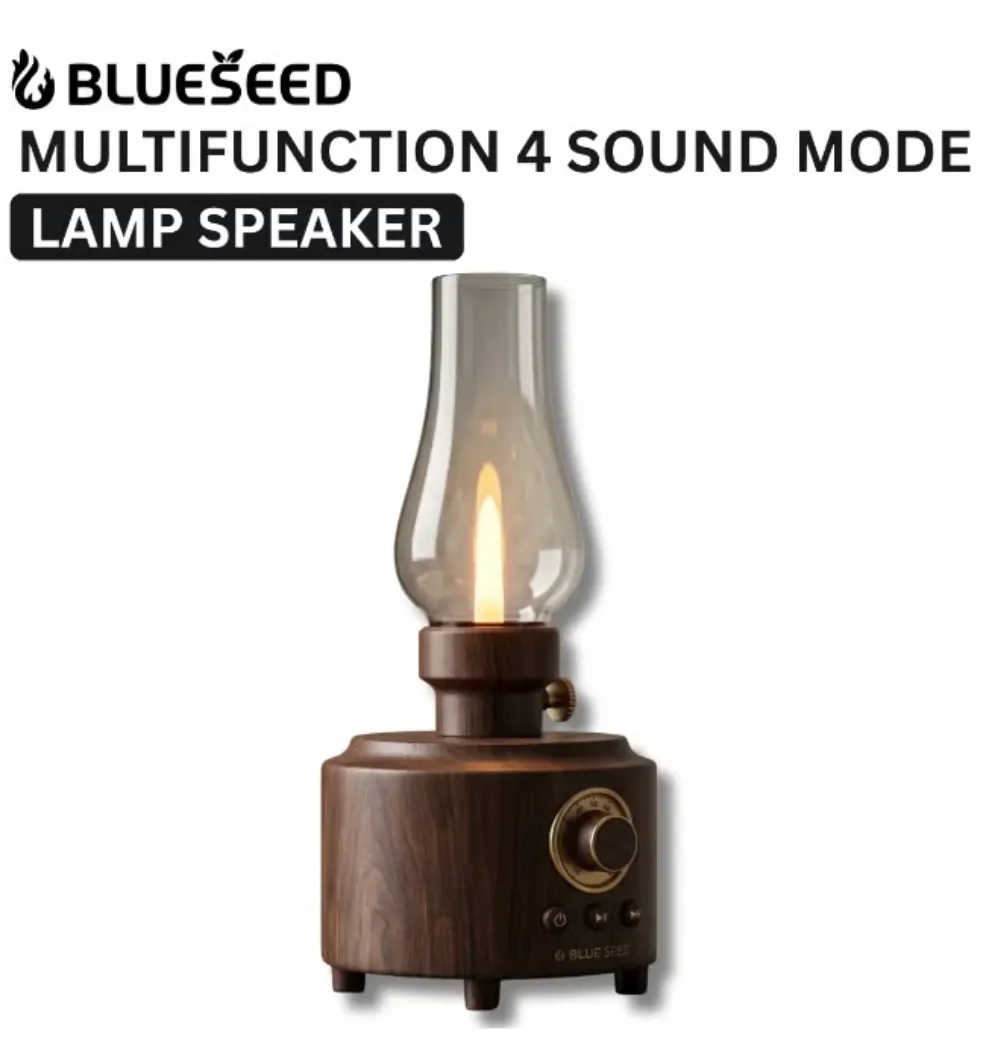 BLUESEED BS606-DW Lamp Bluetooth Speaker with 5W Wireless Audio, Dimmable 1500K Flame LED Light, 4 Sound Modes and Vintage Lantern Design – Dark Wood