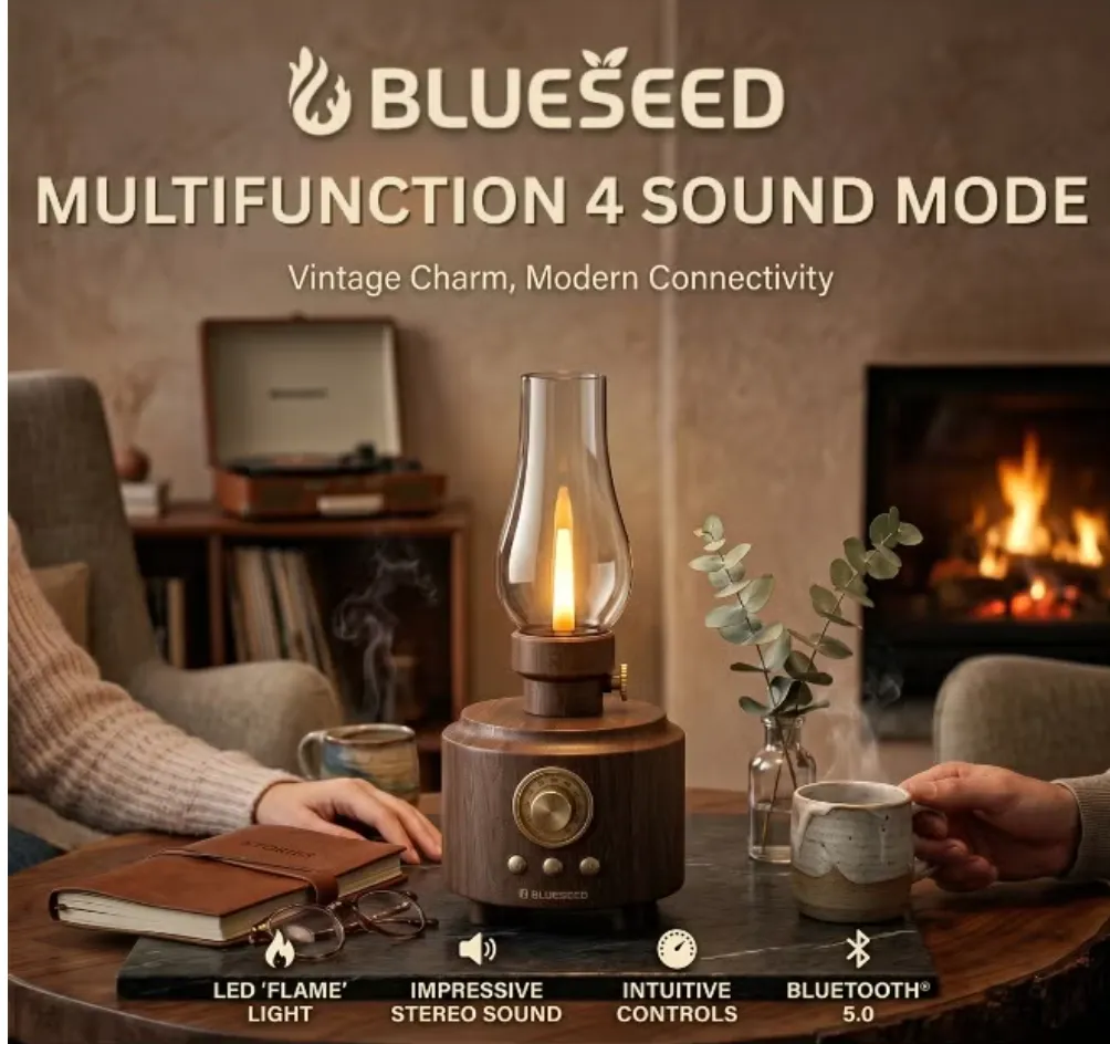 BLUESEED BS606-DW Lamp Bluetooth Speaker with 5W Wireless Audio, Dimmable 1500K Flame LED Light, 4 Sound Modes and Vintage Lantern Design – Dark Wood 3