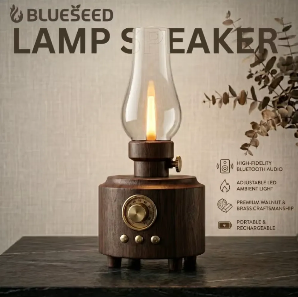 BLUESEED BS606-DW Lamp Bluetooth Speaker with 5W Wireless Audio, Dimmable 1500K Flame LED Light, 4 Sound Modes and Vintage Lantern Design – Dark Wood 4