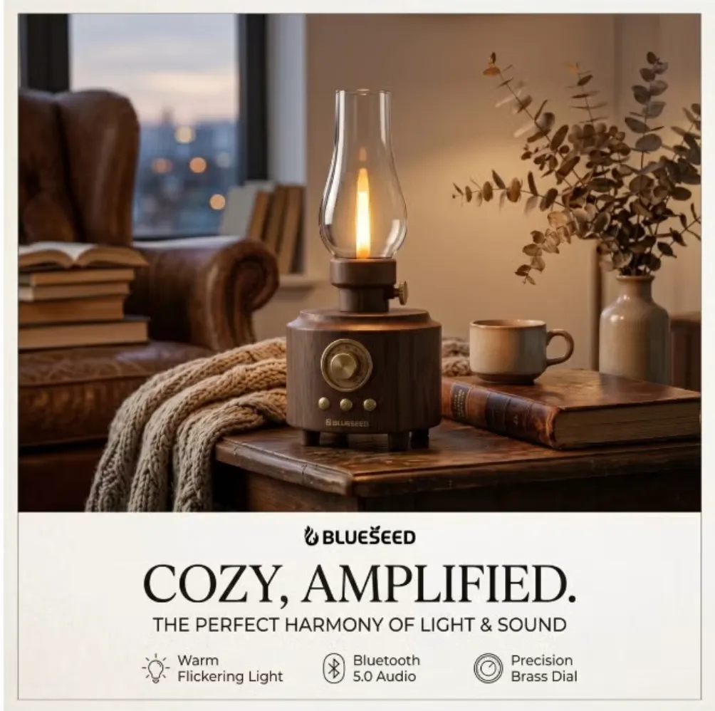 BLUESEED BS606-GR Lamp Bluetooth Speaker with 5W Wireless Audio, Dimmable 1500K Flame LED Light, Four Sound Modes and Vintage Lantern Design – Green