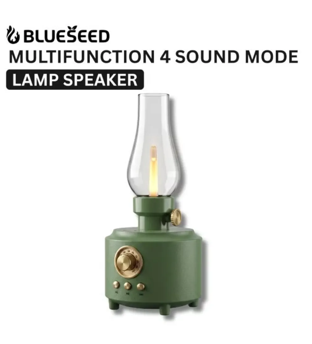 BLUESEED BS606-GR Lamp Bluetooth Speaker with 5W Wireless Audio, Dimmable 1500K Flame LED Light, Four Sound Modes and Vintage Lantern Design – Green