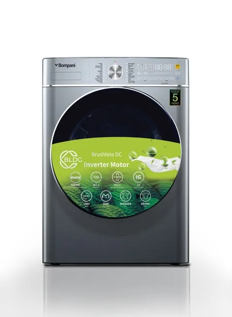 Bompani Washer Dryer 9/6 Kg, Fully Automatic Front Load Combo Wash And Dry, 9 Kg Wash And 6 Kg Dry, 1400 RPM, 16 Wash Programs, Quick Wash In 15min And 4 Drying Programs 9 kg BI1070SSN Silver