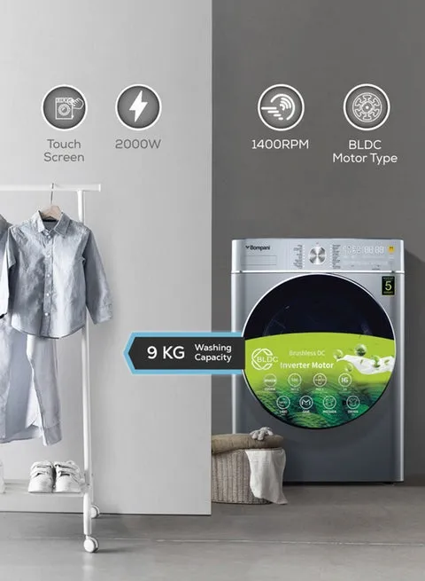 Bompani Washer Dryer 9/6 Kg, Fully Automatic Front Load Combo Wash And Dry, 9 Kg Wash And 6 Kg Dry, 1400 RPM, 16 Wash Programs, Quick Wash In 15min And 4 Drying Programs 9 kg BI1070SSN Silver