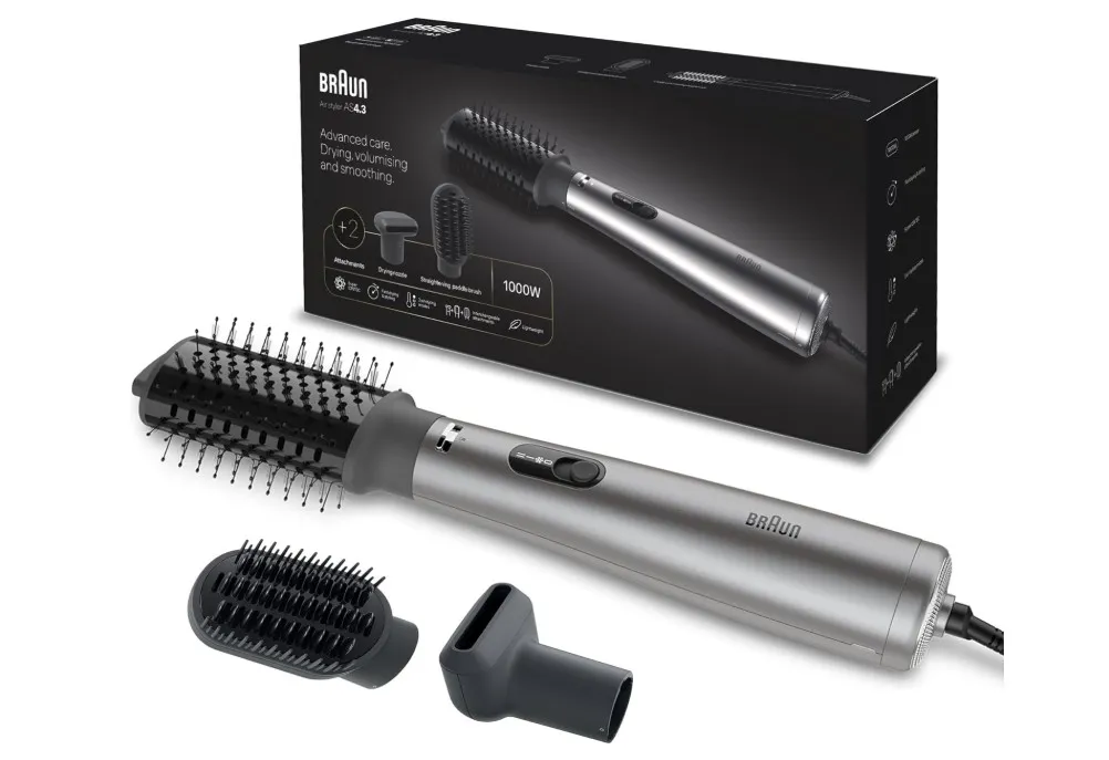 Braun Air Styler AS4.3, Advanced Care, Hair Drying, Volumiser and Smoothing, 1000 Watts, with 2 Attachment Drying Nozzle and Paddle Brush, Air Brush BRAS430SDE - Ionic Grey
