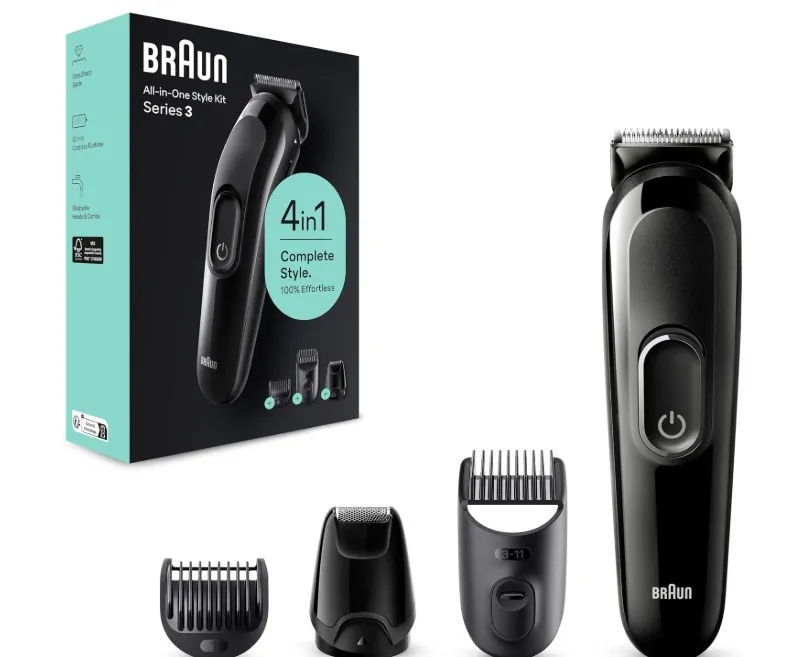 Braun All-In-One Style Kit Series 3 SK3400, 4-in1 Face & Head Trimming Kit, Ultra Sharp Blade, Rechargeable 50 Mins Cordless Runtime - Black