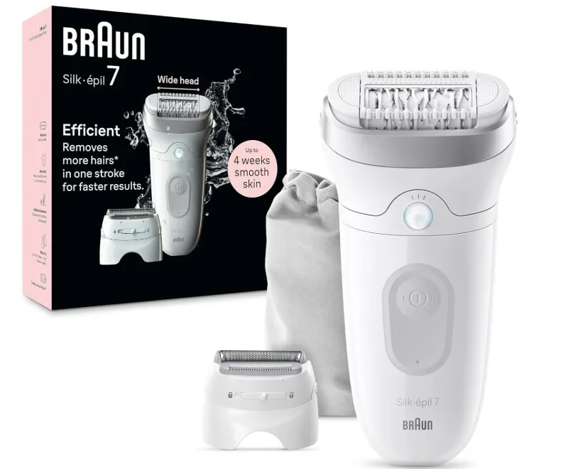 Braun Epilator Silk-épil 7, Hair Removal Device, Women Shaver & Trimmer, Wet and Dry, Wide Head, Includes Shaver Head and Trimmer Comb, SE7-041, Silver