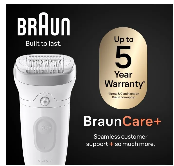 Braun Epilator Silk-épil 7, Hair Removal Device, Women Shaver & Trimmer, Wet and Dry, Wide Head, Includes Shaver Head and Trimmer Comb, SE7-041, Silver