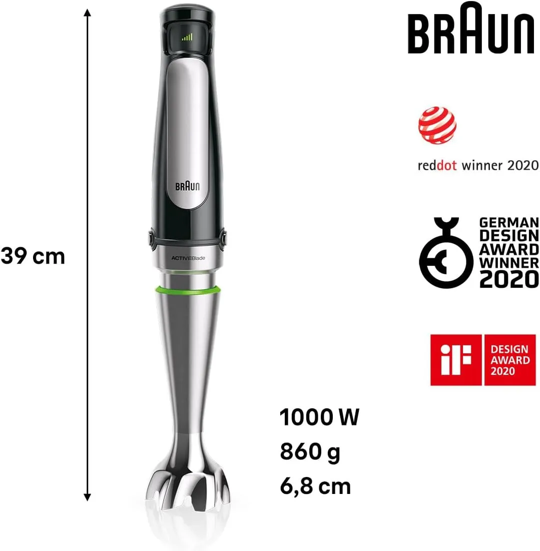 Braun Hand Blender Multiquick 7 1000W With 600Ml Bpa-Free Beaker, 1.5L Food Processor, Whisk, Easy Smartspeed, Splashcontrol & Powerbell PlUS Technology Mq 7075X Black