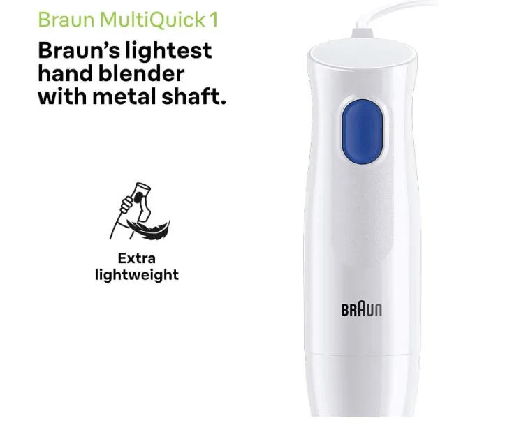 Braun MultiQuick 1 Hand Blender, 450 W, Chopper 350ml, Metal, 1 speed, Lightweight, BPA free, Dishwasher, WHITE - MQ 10.201 M WH