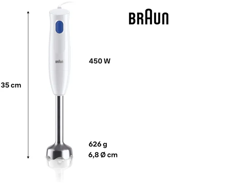 Braun MultiQuick 1 Hand Blender, 450 W, Chopper 350ml, Metal, 1 speed, Lightweight, BPA free, Dishwasher, WHITE - MQ 10.201 M WH 3