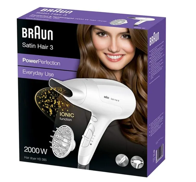 Braun Satin Hair 3 PowerPerfection hairdryer HD385 with ion function and styling nozzle, 2000 Watts