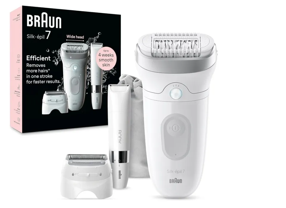 Braun Silk-épil 7, Epilator with Wide Head for Easy Hair Removal, Wet & Dry, Lasting Smooth Skin, with Lady Shaver Head & Trimmer Comb, Body Mini Shaver, 7-441, White/Silver