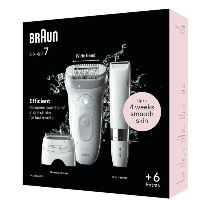 Braun Silk-épil 7, Epilator with Wide Head for Easy Hair Removal, Wet & Dry, Lasting Smooth Skin, with Lady Shaver Head & Trimmer Comb, Body Mini Shaver, 7-441, White/Silver 3
