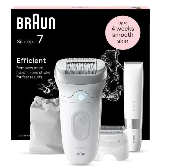 Braun Silk-épil 7 Women's Epilator/Hair Remover for Long Lasting Hair Removal, Mini Body Razor, Razor Attachment and Trimmer Attachment, 7-441, White/Silver 2