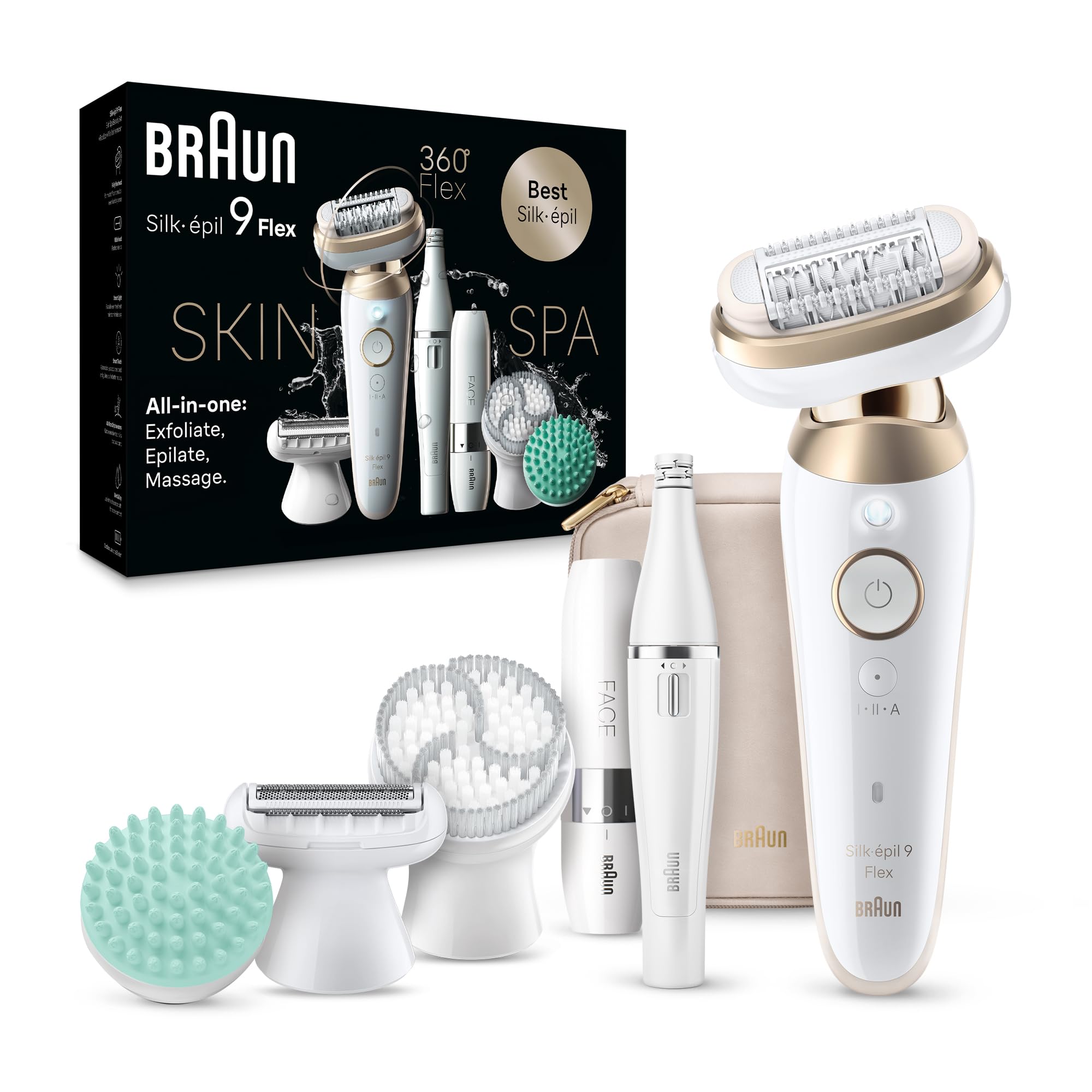 Braun Silk-épil 9 Flex SkinSpa 9-681 3D Epilator, Fully Flexible Head, 40 MicroGrip Tweezers, Wet & Dry Use, Smart Light, 50-Minute Cordless Use & SkinSpa Accessories – Tinted Gold