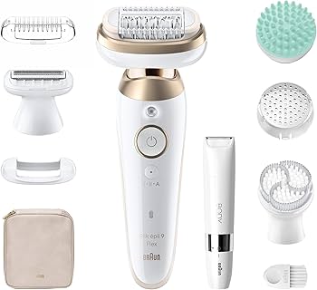Braun Silk-épil 9 Flex SkinSpa 9-681 3D Epilator, Fully Flexible Head, 40 MicroGrip Tweezers, Wet & Dry Use, Smart Light, 50-Minute Cordless Use & SkinSpa Accessories – Tinted Gold